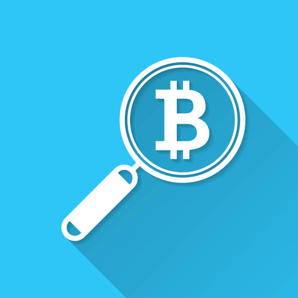 istock Magnifying glass with Bitcoin sign. Icon on blue background - Flat Design with Long Shadow 1471588660