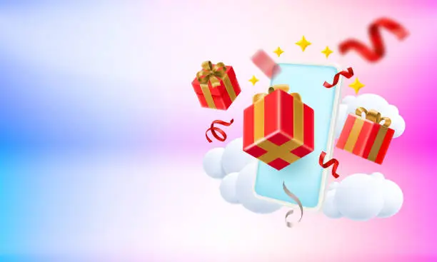 Vector illustration of Gift boxes with smartphone. 3d vector banner with copy space