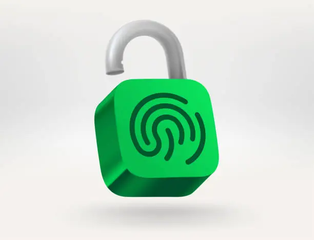 Vector illustration of Unlocked padlock with fingerprint detector. 3d style vector illustration