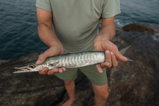 Mid-section of a senior fisherman proudly shows off his catch on the rocky shoreline.