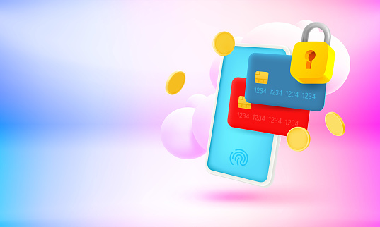 Modern smartphone payment security concept with fingerprint, padlock and plastic cards. 3d vector banner with copy space