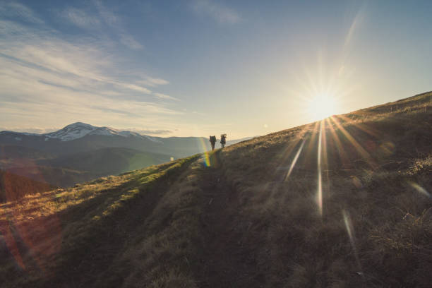 Hikers with backpacks walking on hillside trail landscape photo. Nature scenery photography with sun on background. Ambient light. High quality picture for wallpaper, travel blog, magazine, article