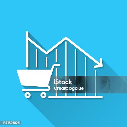 istock Declining graph with Shopping cart. Icon on blue background - Flat Design with Long Shadow 1471591025