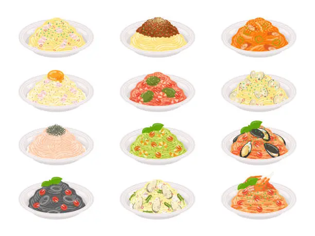 Vector illustration of Illustration set of different types of pasta.