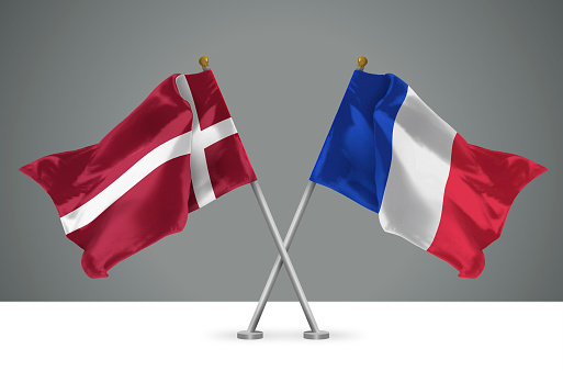 3D illustration of Two Wavy Crossed Flags of France and Denmark, Sign of French and Danish Relationships