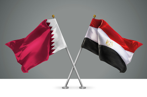 3D illustration of Two Wavy Crossed Flags of Egypt and Qatar, Sign of Egyptian and Qatari Relationships