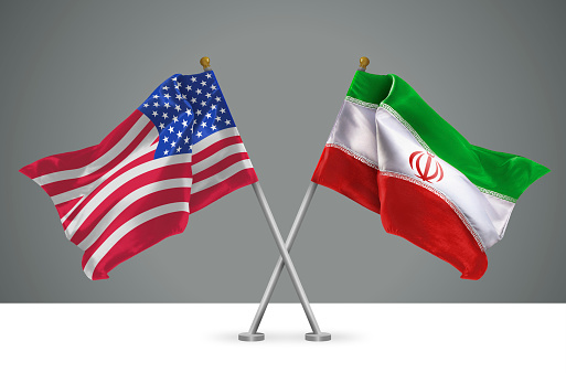 3D illustration of Two Wavy Crossed Flags of United States of America and Iran, Sign of American and Iranian Relationships