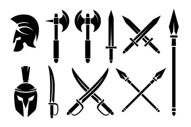 Vector illustration of Set of icons of an ancient greek weapon. Design element for label, sign, badge. Vector illustration