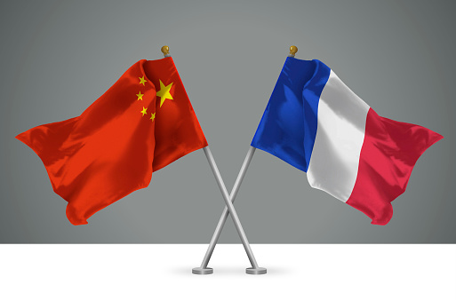 3D illustration of Two Wavy Crossed Flags of China and France, Sign of Chinese and French Relationships
