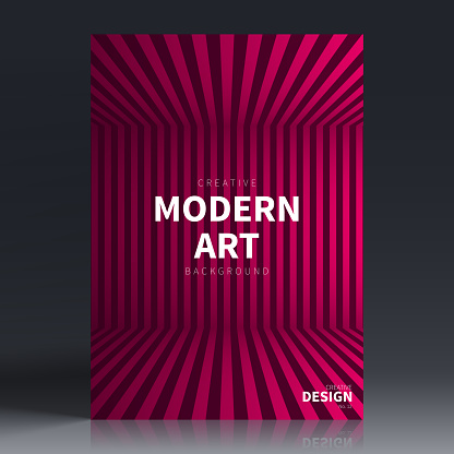 Vertical brochure template with modern and trendy background, isolated on blank background. Striped abstract illustration with a 3D effect, composed of many vertical lines and a beautiful color gradient (colors used: Red, Pink, Purple, Black). Can be used for different designs, such as brochure, cover design, magazine, business annual report, flyer, leaflet, presentations... Template for your own design, with space for your text. The layers are named to facilitate your customization. Vector Illustration (EPS file, well layered and grouped). Easy to edit, manipulate, resize or colorize. Vector and Jpeg file of different sizes.