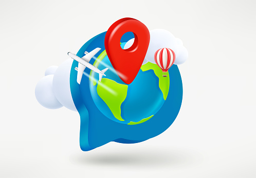 Speech cloud with map pin, Earth, jet, balloon and clouds. Travel concept. 3d vector illustration