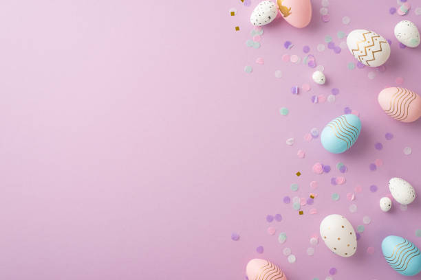 istock Easter celebration concept. Top view photo of pink blue white easter eggs and confetti on isolated lilac background with copyspace 1471595041