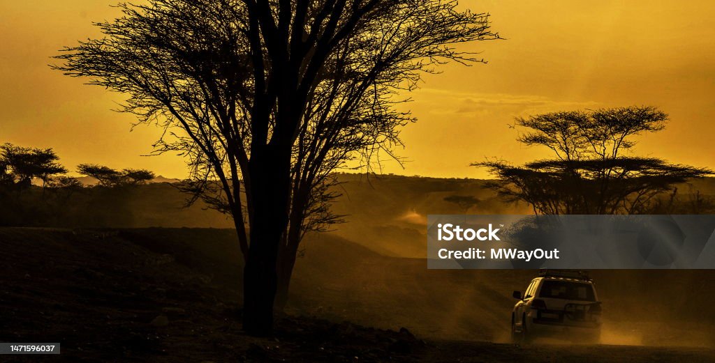 Road Trip at sunrise on a country road, Arba Minch, Ethiopia Early morning driving on a dirt road among acacia trees with off road vehicles, near Arba Minch , Ethiopia 4x4 Stock Photo