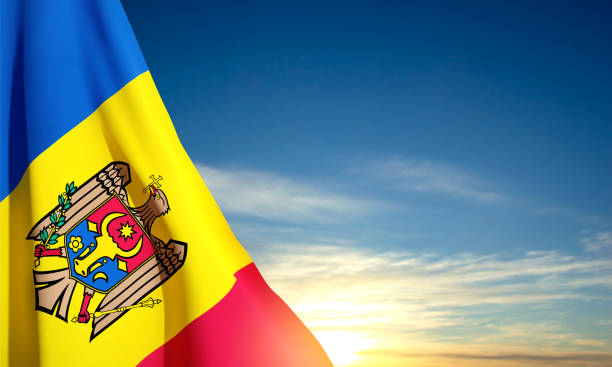 Flag of Moldova on background of sky Flag of Moldova on background of sky. Patriotic background. EPS10 vector moldovan flag stock illustrations
