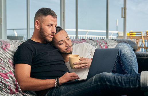 Gay couple using laptop while relaxing sitting on the sofa at home. Lgbt and technology concept.