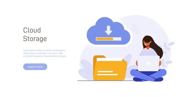 Vector illustration of Cloud technology illustration concept. People exchanging files via Internet. Cloud service, online data storage and transfer, information backup. Modern flat vector illustration.