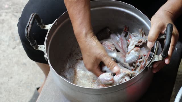 Thai woman mixing small fish with salt inside a stainless steel pot.