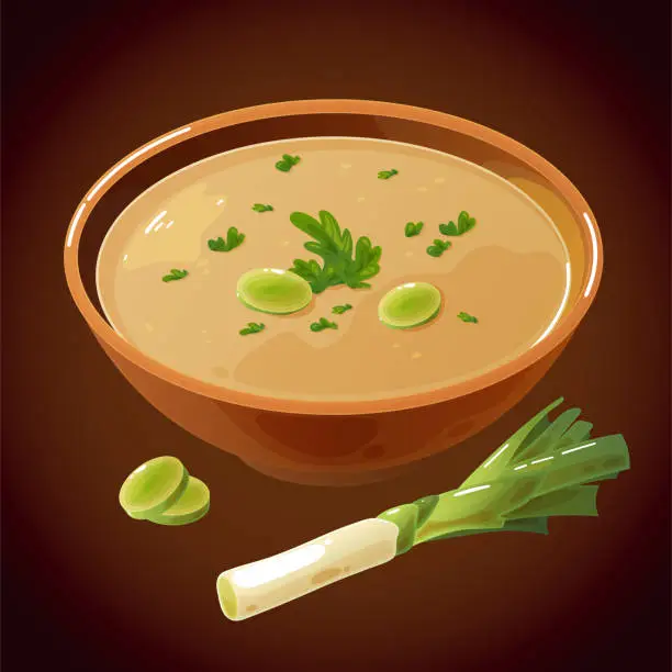 Vector illustration of French vichyssoise. Cream soup with leek.