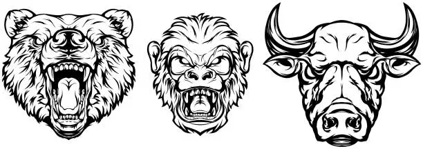 Vector illustration of Head of bear, monkey, bull, Abstract character illustrations. Graphic logo design template for emblem. Image of portraits.