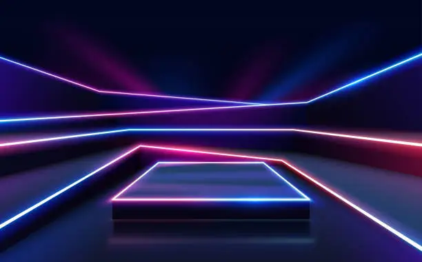 Vector illustration of Neon podium with geometric shapes and glow effect