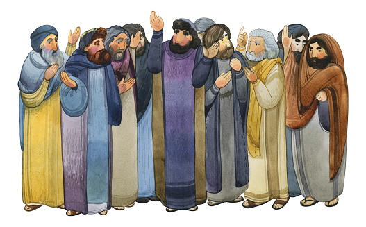 Watercolor illustration of Pharisees, Old Testament Jews, scribes. A crowd, a gathering of men discussing something and being indignant. For publications, magazines and websites.