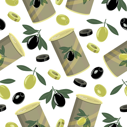 Seamless olive pattern:canned, black and green olives, sliced, twigs with leaves and fruits, pitted.Vector pattern for textiles, packaging, screensavers.