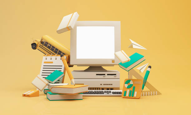 istock Back to school online learning, E-learning with school supplies and equipment. laptop computer screen with paper rocket accessories and textbooks on yellow background. cartoon style -3D Rendering 1471601847