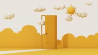 istock 3d render, white clouds going through, flying out the open door, objects isolated on bright yellow background. Abstract metaphor, modern minimal concept. Surreal dream scene. 1471601899