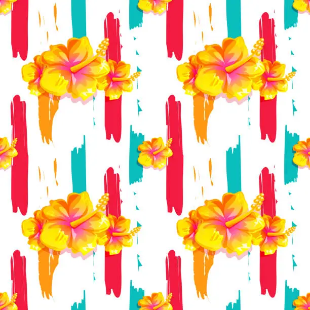 Vector illustration of Aloha Hawaii tropical vacation concept. Hawaii seamless colorful tropical pattern with hibiscus flowers on bright abstract striped background.