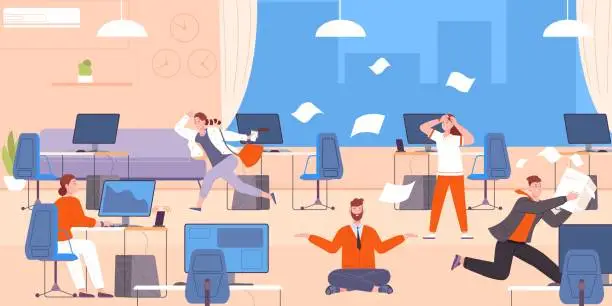 Vector illustration of Office chaos meditation. Calm businessman zen levitating at office desk, clear brain trouble fuss chaos work relax manager yoga break noisy