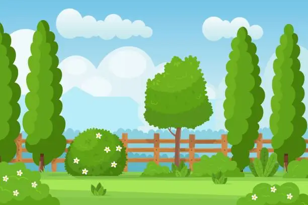 Vector illustration of Garden hedge landscape. Empty fenced backyard, country jardin park with wooden fence, trees flower bush and green grass lawn