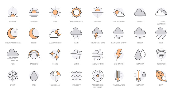 Weather line icons set. Sun, rain, thunder storm, dew, wind, snow cloud, night sky minimal vector illustrations. Simple flat outline signs for web, forecast app. Orange color. Editable Stroke.