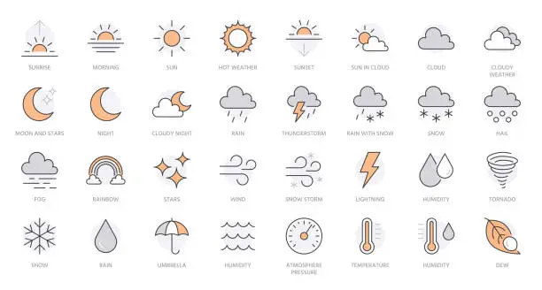 Vector illustration of Weather line icons set. Sun, rain, thunder storm, dew, wind, snow cloud, night sky minimal vector illustrations. Simple flat outline signs for web, forecast app. Orange color. Editable Stroke