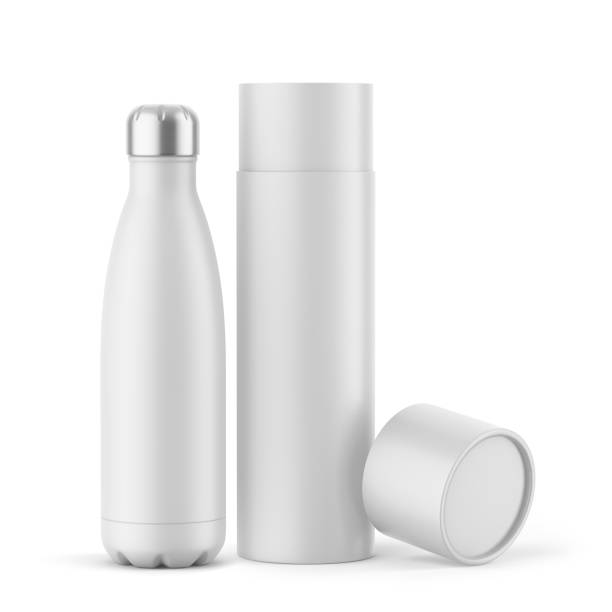 istock White Soft Touch Thermos Bottle with Metallic Cap and Paper Tube with a Tilted Lid Mockup 1471610604