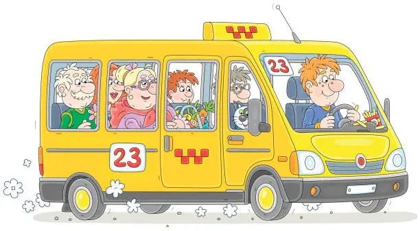 Vector illustration of Small bus with funny driver and passengers