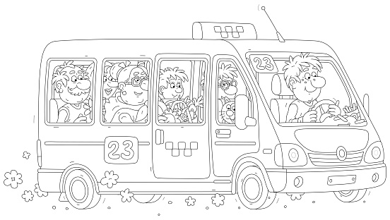 Cheerful company of adults and children riding in a minibus about their business, black and white vector cartoon illustration for a coloring book
