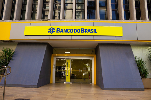 Goiania, Goias, Brazil – March 06, 2023: Facade of a Bank of Brazil, agency in the city of Goiânia in Goiás. Front view and horizontal format.