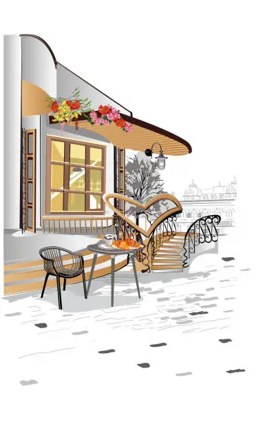 Vector illustration of Series of backgrounds decorated with flowers, old town views and street cafes. Café window.