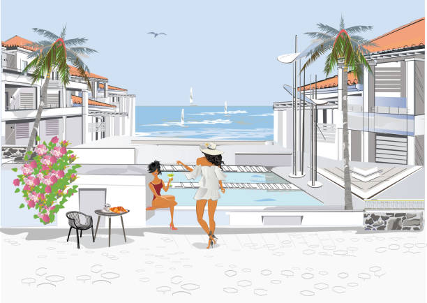 Series of relax summer backgrounds with resort building views and seacoast. Series of relax summer backgrounds with resort building views and seacoast. Hand drawn vector illustration. art deco miami stock illustrations