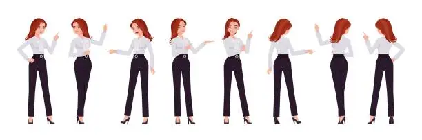 Vector illustration of Business consultant professional lady set, attractive woman point, show poses