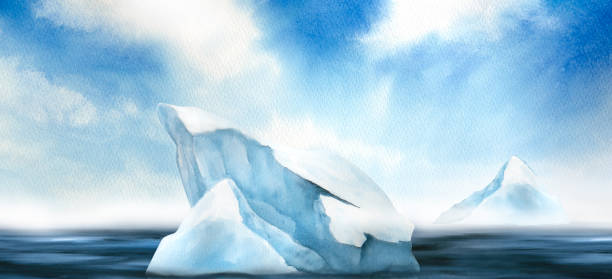 illustrations, cliparts, dessins animés et icônes de illustration à l’aquarelle du paysage de la mer du nord, ciel bleu, iceberg - illustration and painting panoramic sky snow