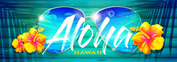 illustrations, cliparts, dessins animés et icônes de aloha hawaii concept de vacances tropicales. texte de bienvenue en hawaïen avec des fleurs d’hibiscus et des lunettes de soleil sur un vieux fond en bois à l’ombre des palmiers. - hawaii islands big island beach hawaiian culture