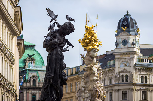 Pigeons on a statue in oldtown Vienna, Austria