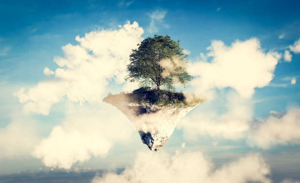 istock Floating island with green grass and tree on sky with clouds 1471618482