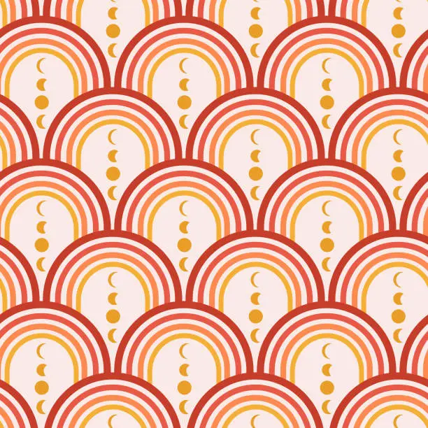 Vector illustration of Abstract art deco rainbows in red, orange and yellow seamless pattern with golden moon phases.