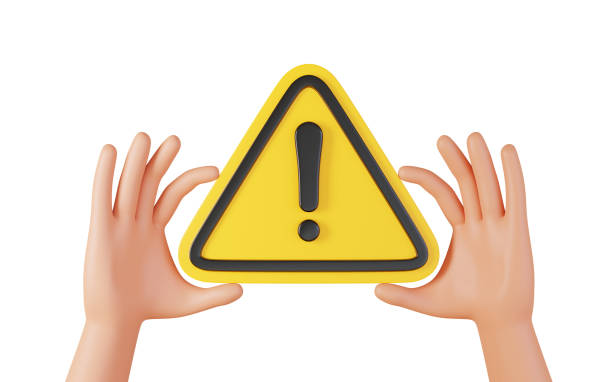istock Hand holding Exclamation mark in yellow triangle, symbol isolated on white background 1471620537