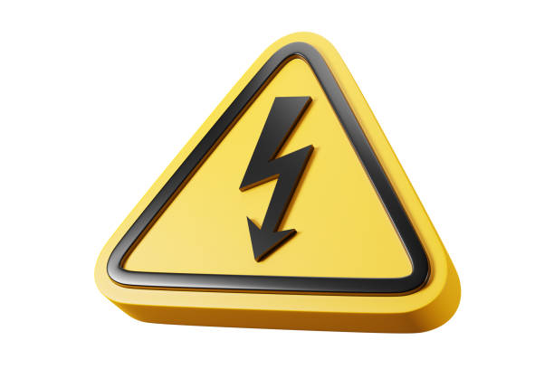 High voltage sign in yellow triagle, symbol warning danger, isolated on white background, 3D rendering illustration