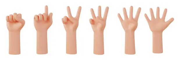 Photo of Hands gestures 3D cartoon, collection icon character hand set, hand show sign of hands counting, isolated on white background