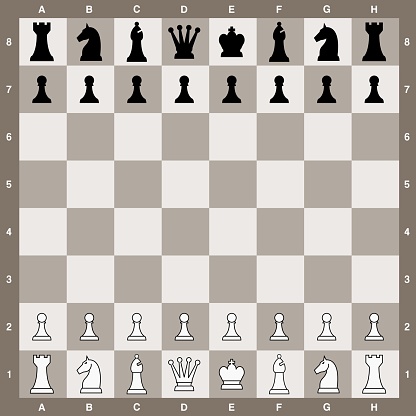 Chess board start positions. Simple vector chessboard with pieces in initial setup position.