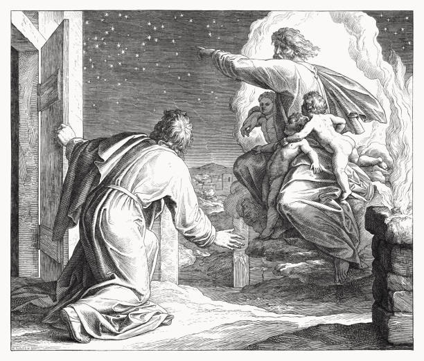 God's Promise to Abraham (Genesis 15, 5), woodcut, published 1860 Abraham received the promise from God that he would become a father of many nations Genesis 15, 5). Wood engraving by Julius Schnorr von Carolsfeld (German painter, 1794 - 1872), published in 1860. father abraham stock illustrations